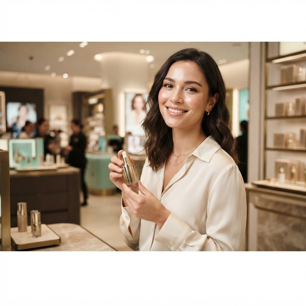 Beauty shopper holding a premium cosmetics product in a DOUGLAS store