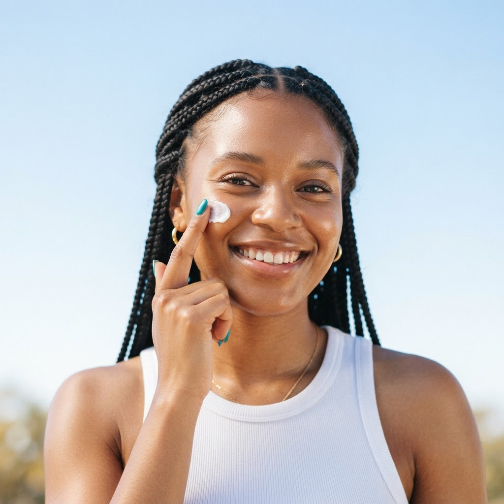 A smiling beauty shopper applying face cream
